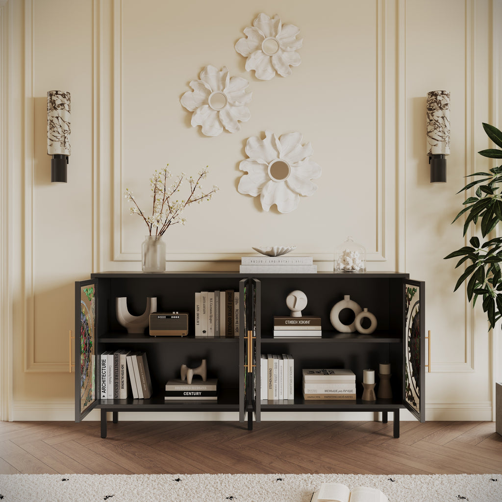 60.3 'Decorative Cabinet with 4 doors, Painted glass metal iron frame Buffet Cabinet, Artistic storage Cabinet, Entrance Cabinet, Living room, Bedroom, Dining room Sideboard