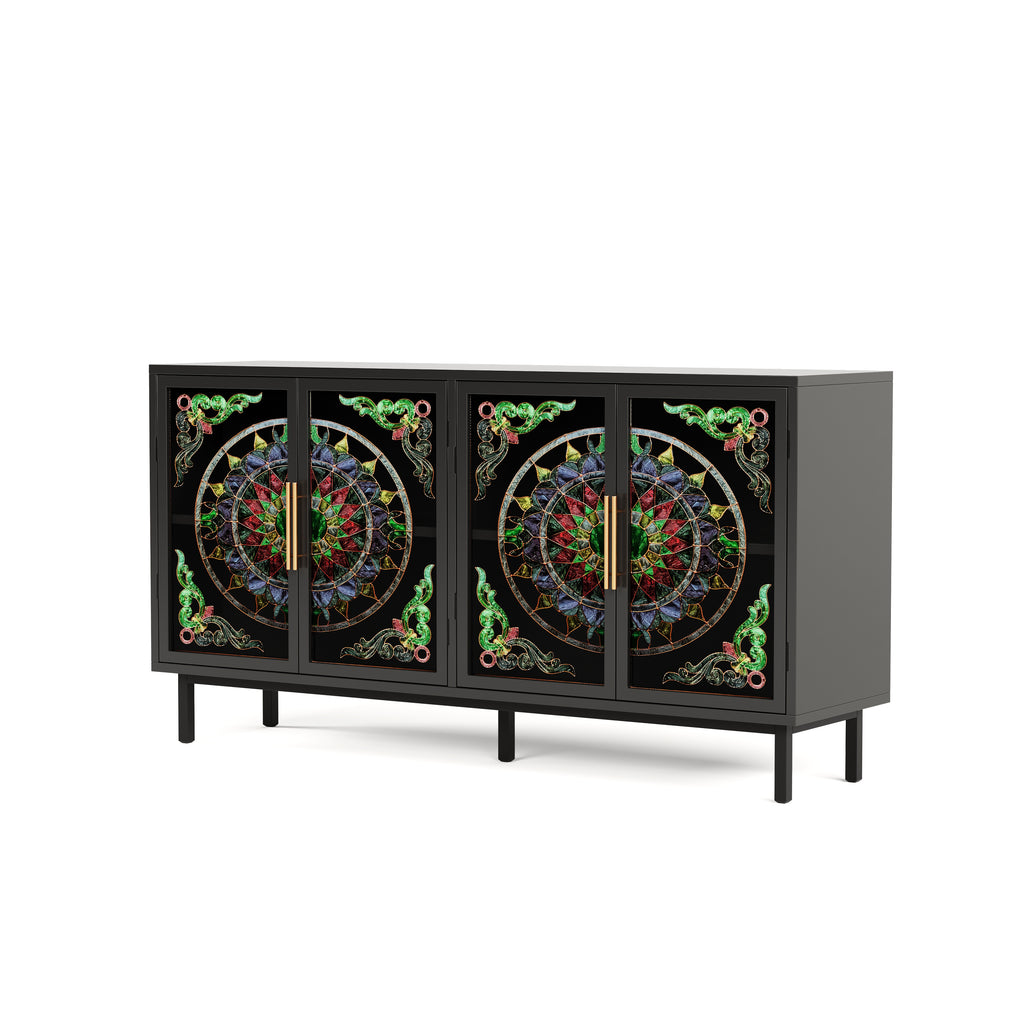 60.3 'Decorative Cabinet with 4 doors, Painted glass metal iron frame Buffet Cabinet, Artistic storage Cabinet, Entrance Cabinet, Living room, Bedroom, Dining room Sideboard