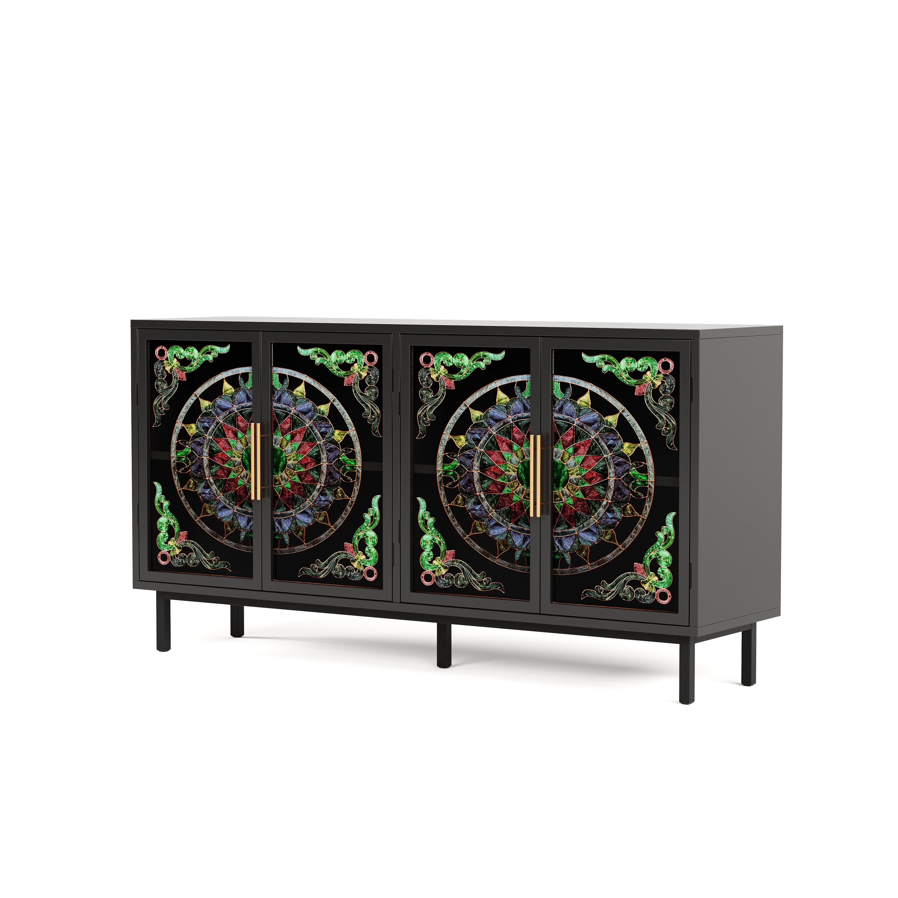 60.3 'Decorative Cabinet with 4 doors, Painted glass metal iron frame Buffet Cabinet, Artistic storage Cabinet, Entrance Cabinet, Living room, Bedroom, Dining room Sideboard