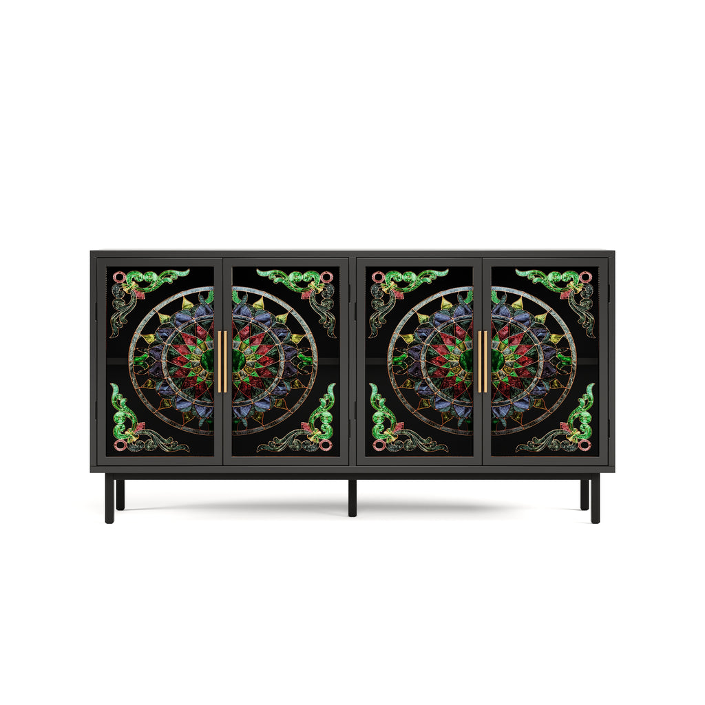 60.3 'Decorative Cabinet with 4 doors, Painted glass metal iron frame Buffet Cabinet, Artistic storage Cabinet, Entrance Cabinet, Living room, Bedroom, Dining room Sideboard