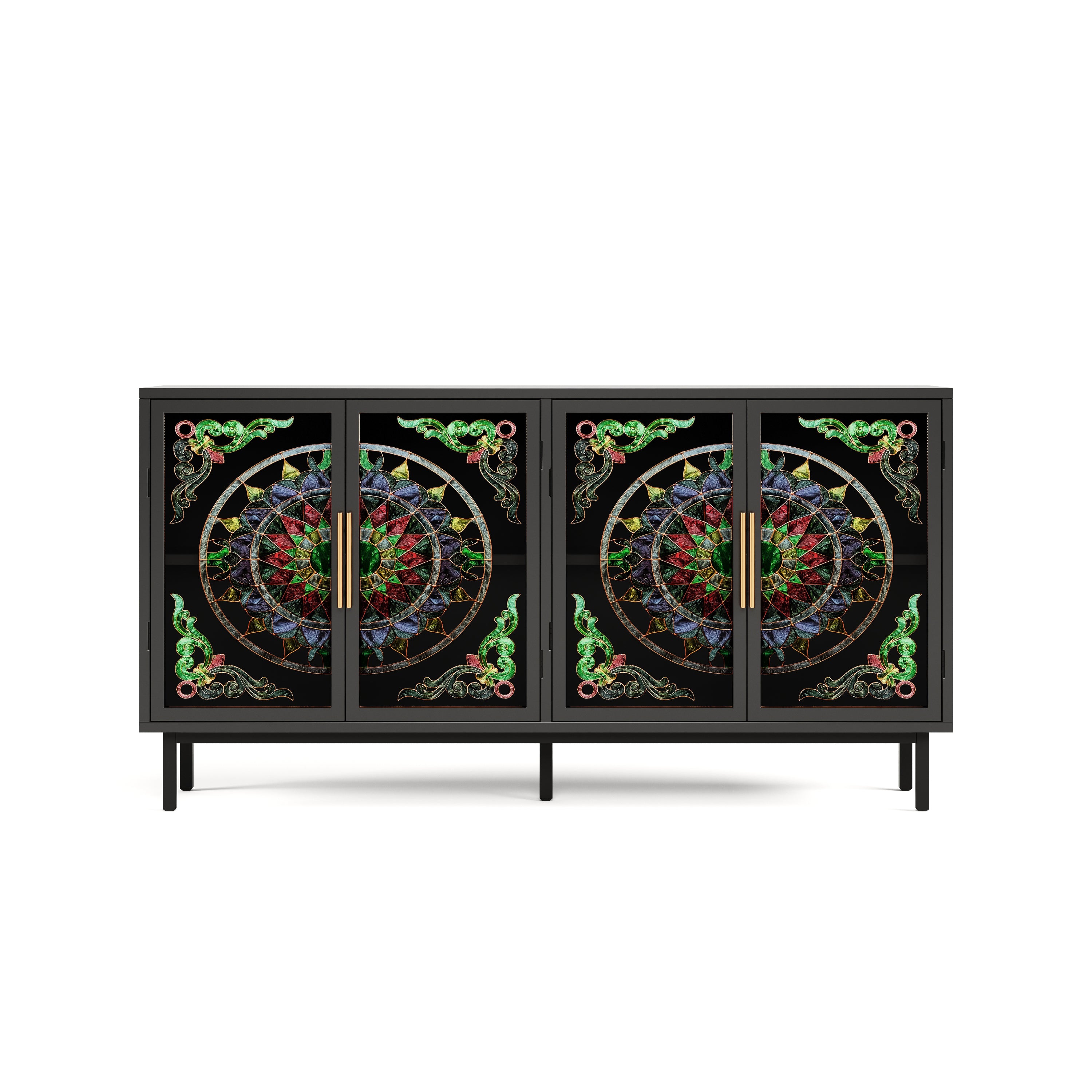 60.3 'Decorative Cabinet with 4 doors, Painted glass metal iron frame Buffet Cabinet, Artistic storage Cabinet, Entrance Cabinet, Living room, Bedroom, Dining room Sideboard