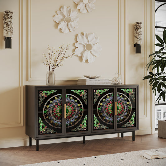 60.3 'Decorative Cabinet with 4 doors, Painted glass metal iron frame Buffet Cabinet, Artistic storage Cabinet, Entrance Cabinet, Living room, Bedroom, Dining room Sideboard