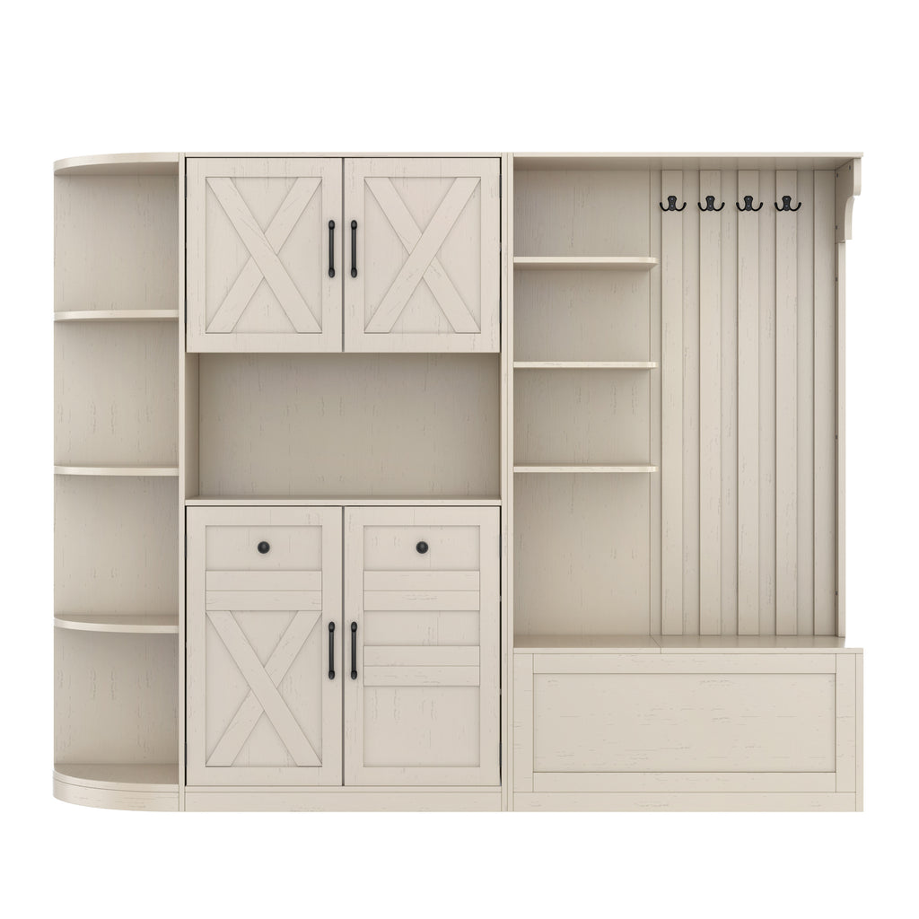 Multifunctional left-right combination hall cabinet (can be used separately) with storage and 4 hooks, storage cabinet/ hall tree 2 in 1 for living room, kitchen and hallway,antique Beige