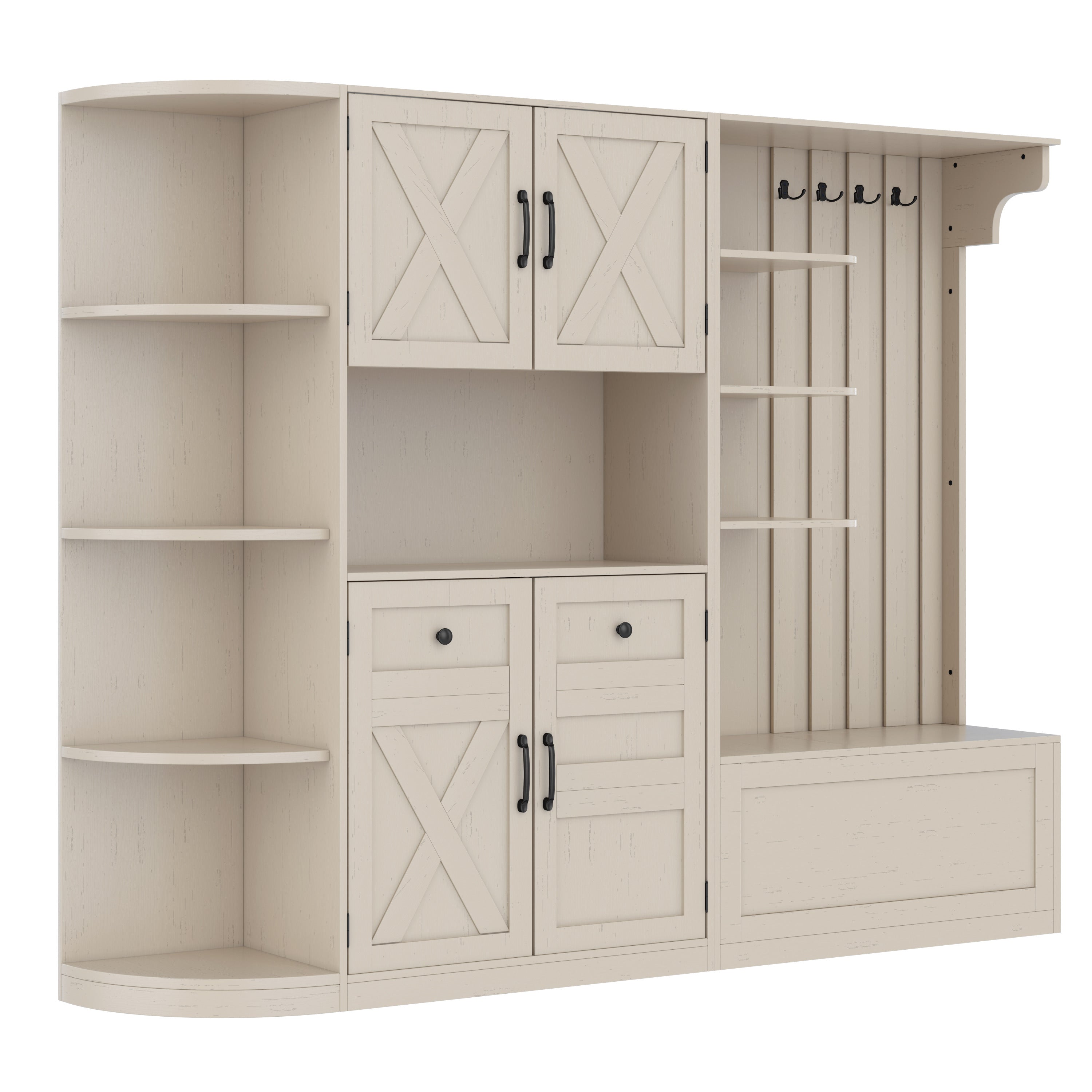 Multifunctional left-right combination hall cabinet (can be used separately) with storage and 4 hooks, storage cabinet/ hall tree 2 in 1 for living room, kitchen and hallway,antique Beige