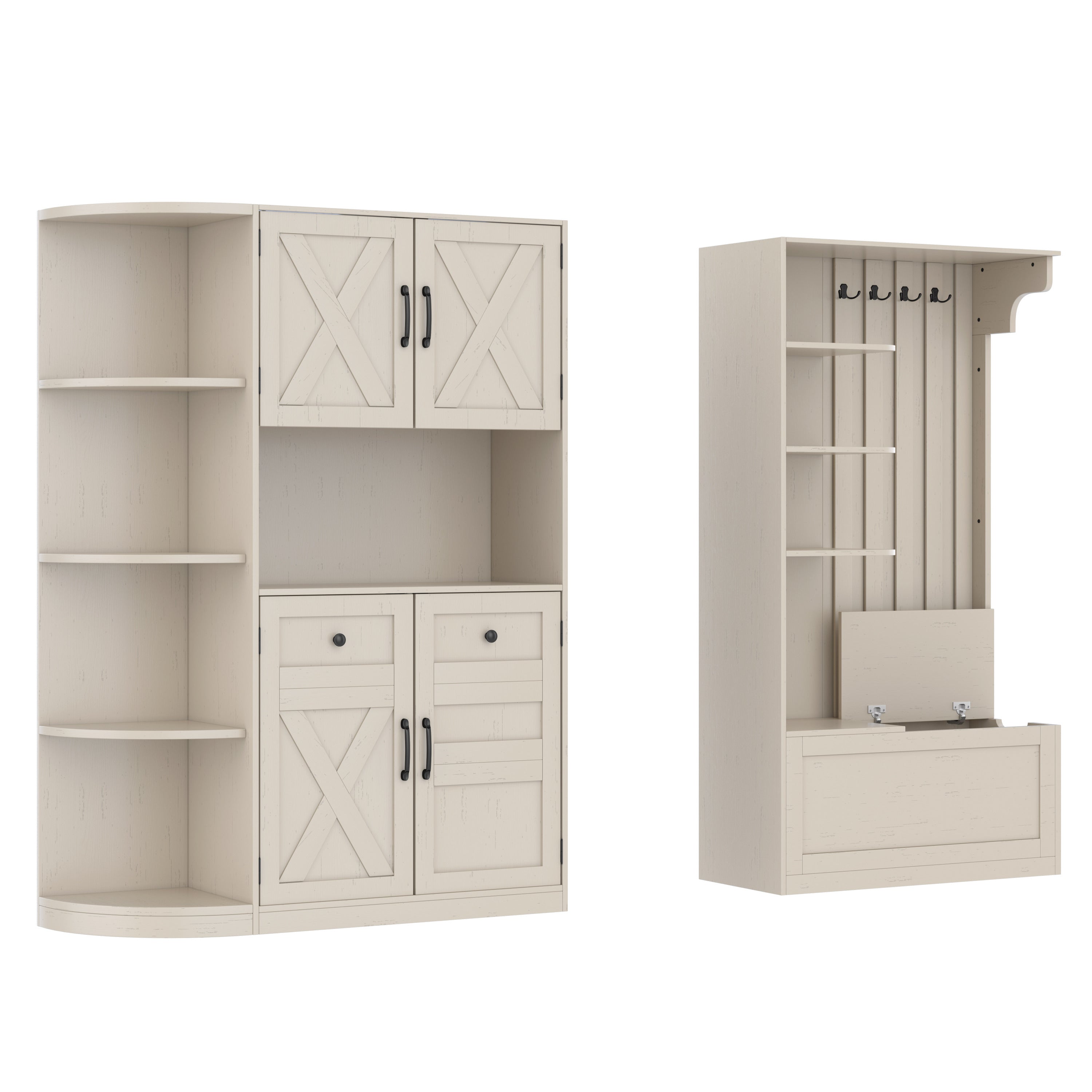 Multifunctional left-right combination hall cabinet (can be used separately) with storage and 4 hooks, storage cabinet/ hall tree 2 in 1 for living room, kitchen and hallway,antique Beige