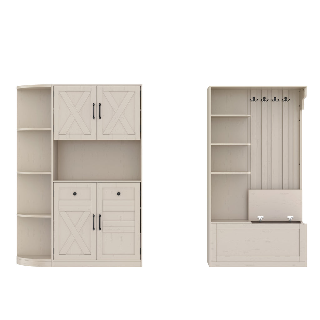 Multifunctional left-right combination hall cabinet (can be used separately) with storage and 4 hooks, storage cabinet/ hall tree 2 in 1 for living room, kitchen and hallway,antique Beige