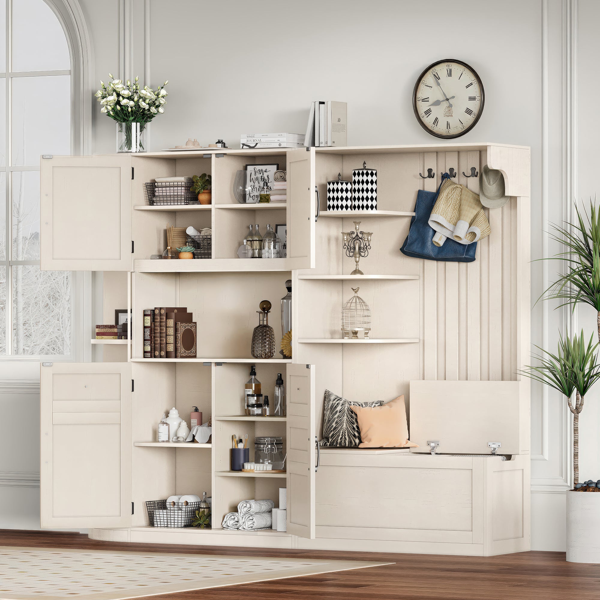 Multifunctional left-right combination hall cabinet (can be used separately) with storage and 4 hooks, storage cabinet/ hall tree 2 in 1 for living room, kitchen and hallway,antique Beige