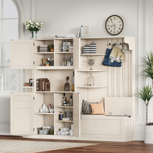 Multifunctional left-right combination hall cabinet (can be used separately) with storage and 4 hooks, storage cabinet/ hall tree 2 in 1 for living room, kitchen and hallway,antique Beige