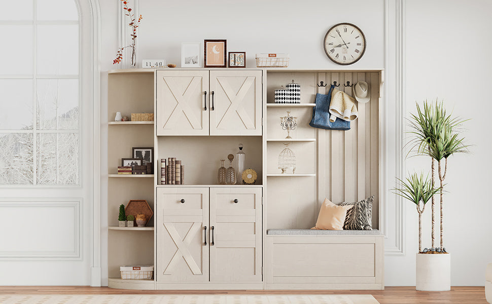 Multifunctional left-right combination hall cabinet (can be used separately) with storage and 4 hooks, storage cabinet/ hall tree 2 in 1 for living room, kitchen and hallway,antique Beige