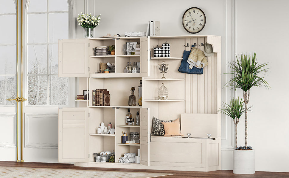 Multifunctional left-right combination hall cabinet (can be used separately) with storage and 4 hooks, storage cabinet/ hall tree 2 in 1 for living room, kitchen and hallway,antique Beige