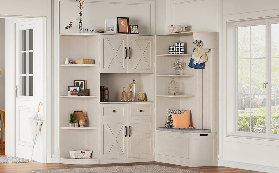 Multifunctional left-right combination hall cabinet (can be used separately) with storage and 4 hooks, storage cabinet/ hall tree 2 in 1 for living room, kitchen and hallway,antique Beige