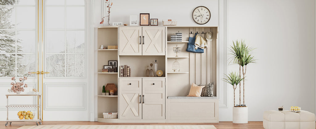 Multifunctional left-right combination hall cabinet (can be used separately) with storage and 4 hooks, storage cabinet/ hall tree 2 in 1 for living room, kitchen and hallway,antique Beige