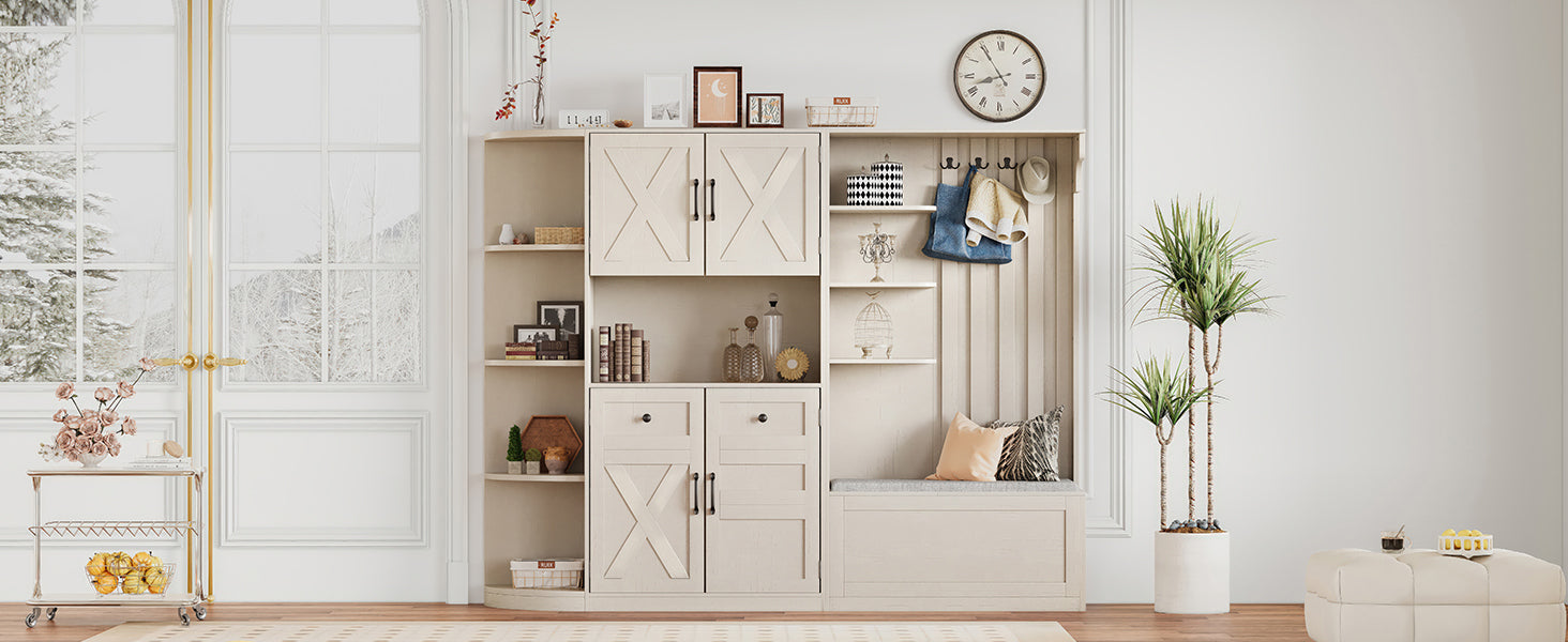 Multifunctional left-right combination hall cabinet (can be used separately) with storage and 4 hooks, storage cabinet/ hall tree 2 in 1 for living room, kitchen and hallway,antique Beige