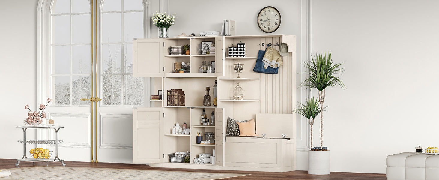 Multifunctional left-right combination hall cabinet (can be used separately) with storage and 4 hooks, storage cabinet/ hall tree 2 in 1 for living room, kitchen and hallway,antique Beige