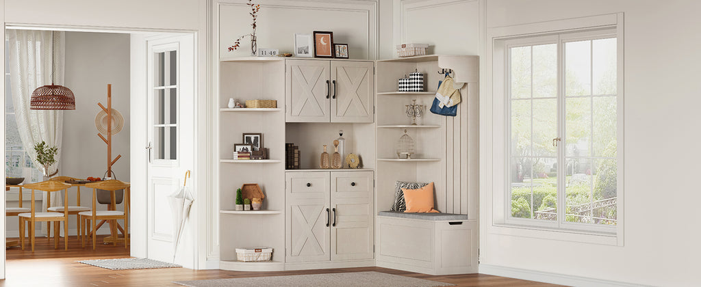 Multifunctional left-right combination hall cabinet (can be used separately) with storage and 4 hooks, storage cabinet/ hall tree 2 in 1 for living room, kitchen and hallway,antique Beige