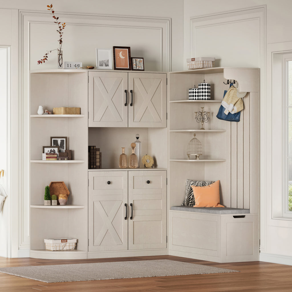Multifunctional left-right combination hall cabinet (can be used separately) with storage and 4 hooks, storage cabinet/ hall tree 2 in 1 for living room, kitchen and hallway,antique Beige