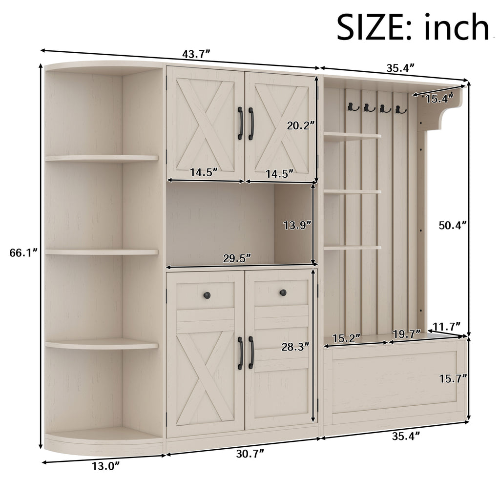 Multifunctional left-right combination hall cabinet (can be used separately) with storage and 4 hooks, storage cabinet/ hall tree 2 in 1 for living room, kitchen and hallway,antique Beige