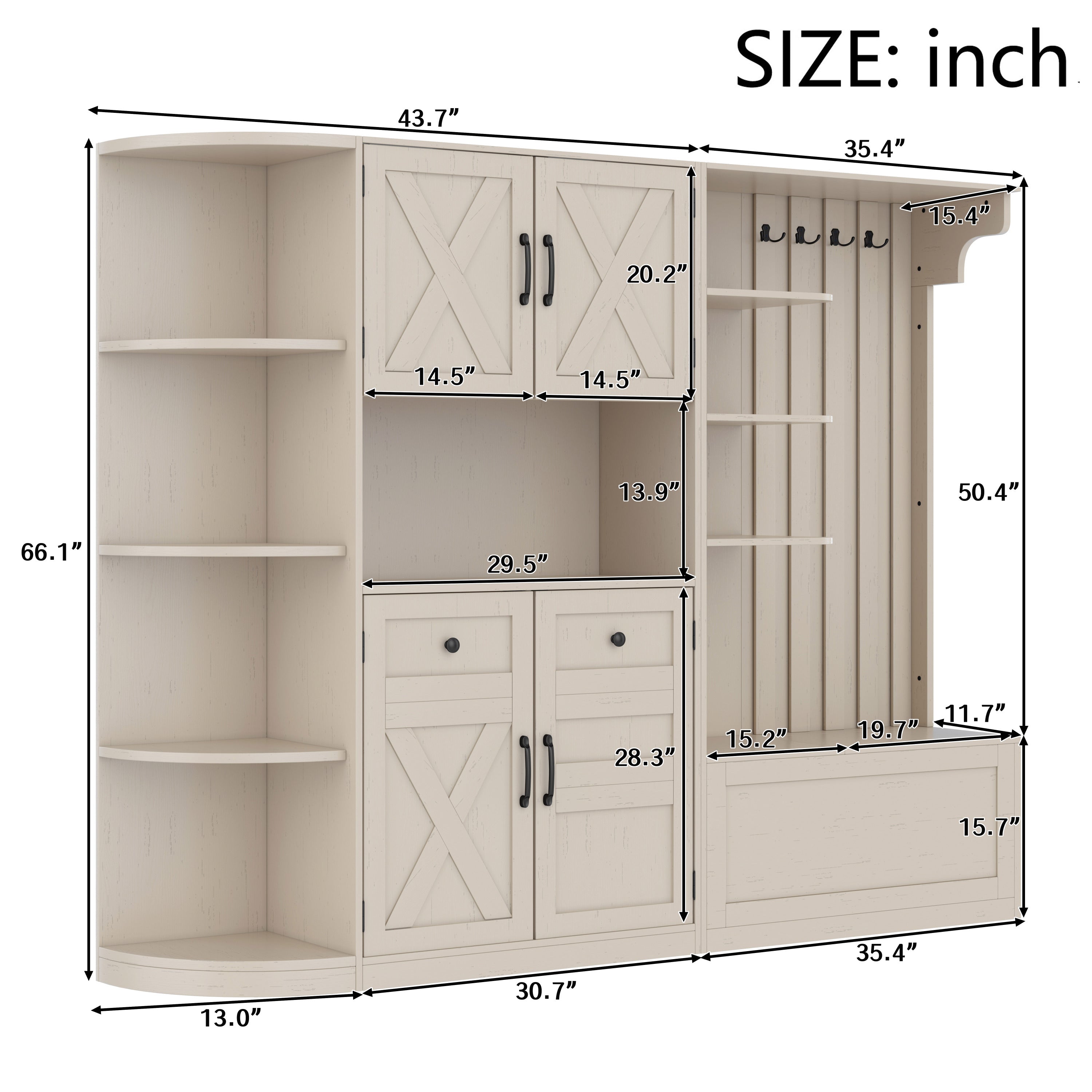 Multifunctional left-right combination hall cabinet (can be used separately) with storage and 4 hooks, storage cabinet/ hall tree 2 in 1 for living room, kitchen and hallway,antique Beige