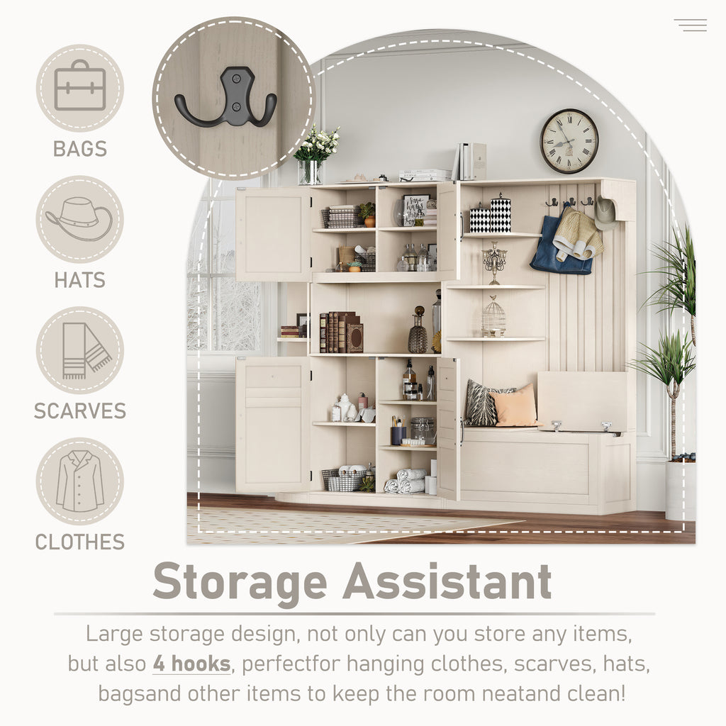 Multifunctional left-right combination hall cabinet (can be used separately) with storage and 4 hooks, storage cabinet/ hall tree 2 in 1 for living room, kitchen and hallway,antique Beige