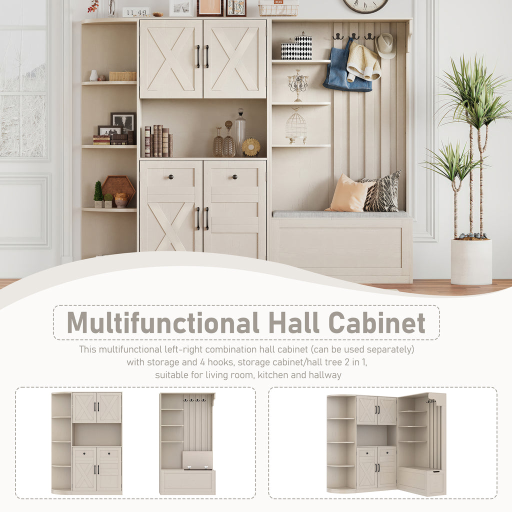 Multifunctional left-right combination hall cabinet (can be used separately) with storage and 4 hooks, storage cabinet/ hall tree 2 in 1 for living room, kitchen and hallway,antique Beige