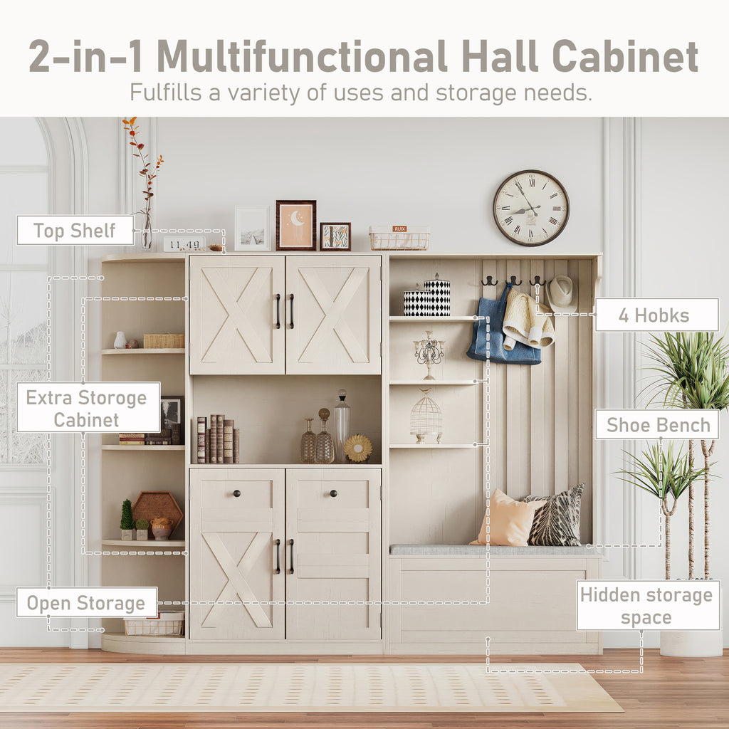 Multifunctional left-right combination hall cabinet (can be used separately) with storage and 4 hooks, storage cabinet/ hall tree 2 in 1 for living room, kitchen and hallway,antique Beige