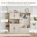 Multifunctional left-right combination hall cabinet (can be used separately) with storage and 4 hooks, storage cabinet/ hall tree 2 in 1 for living room, kitchen and hallway,antique Beige