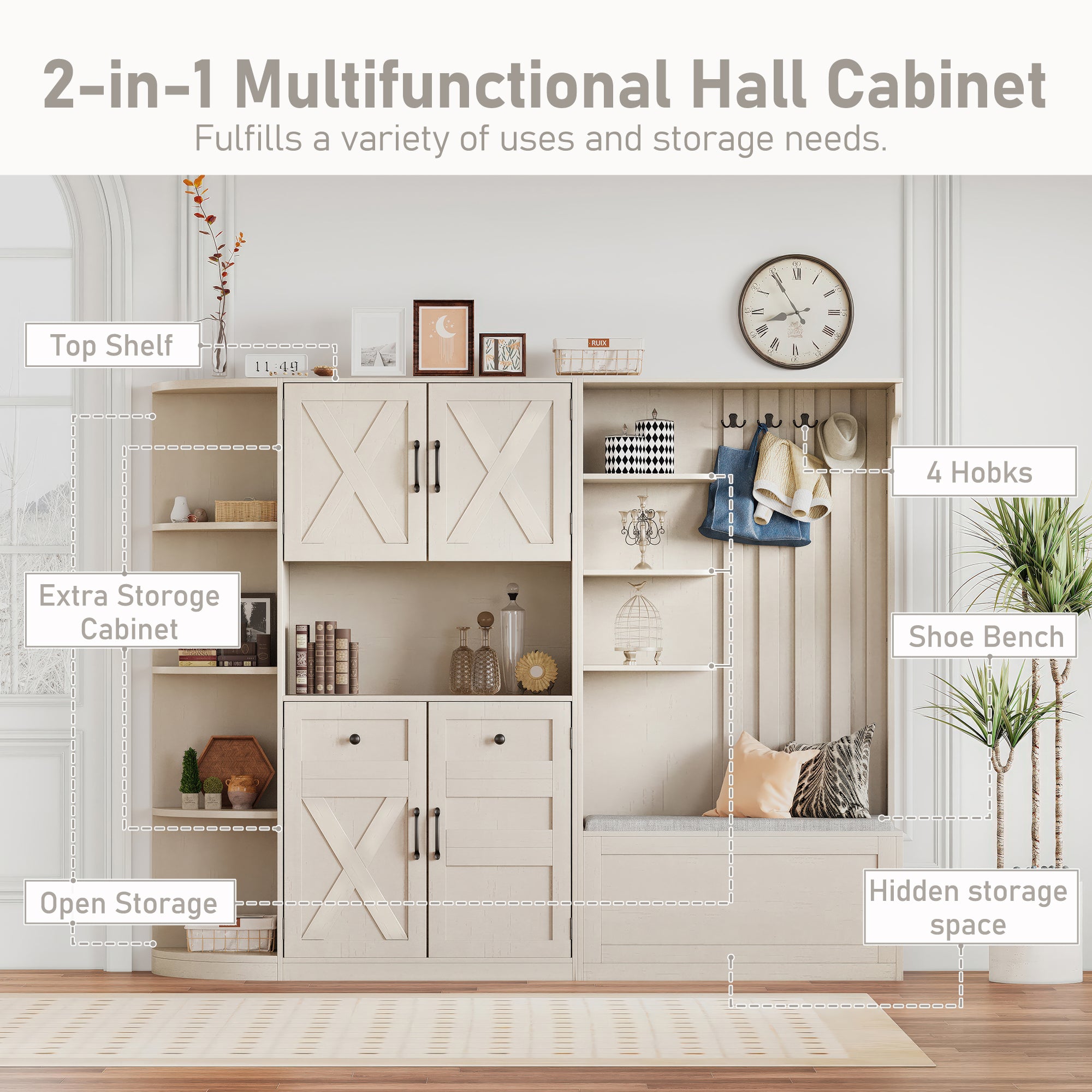Multifunctional left-right combination hall cabinet (can be used separately) with storage and 4 hooks, storage cabinet/ hall tree 2 in 1 for living room, kitchen and hallway,antique Beige