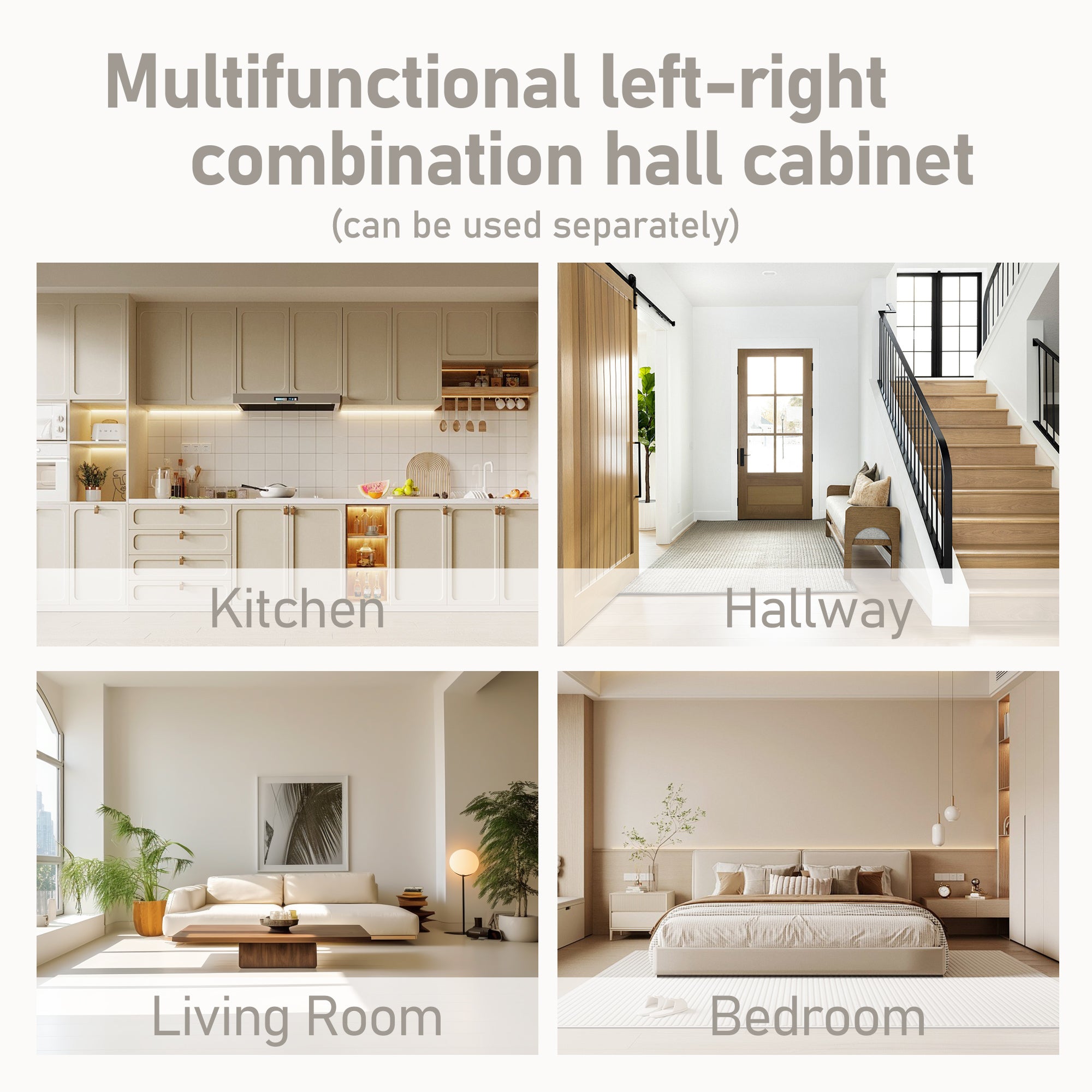 Multifunctional left-right combination hall cabinet (can be used separately) with storage and 4 hooks, storage cabinet/ hall tree 2 in 1 for living room, kitchen and hallway,antique Beige