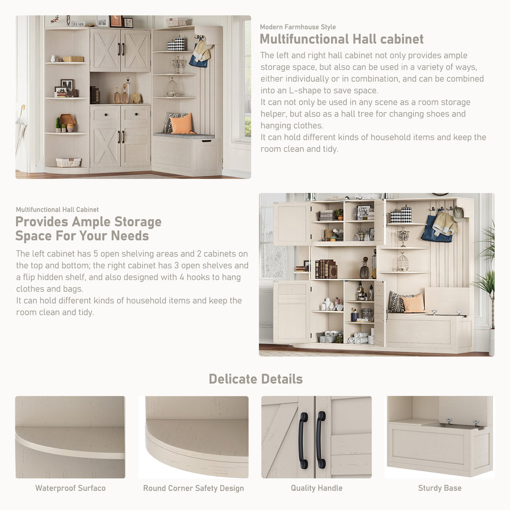 Multifunctional left-right combination hall cabinet (can be used separately) with storage and 4 hooks, storage cabinet/ hall tree 2 in 1 for living room, kitchen and hallway,antique Beige