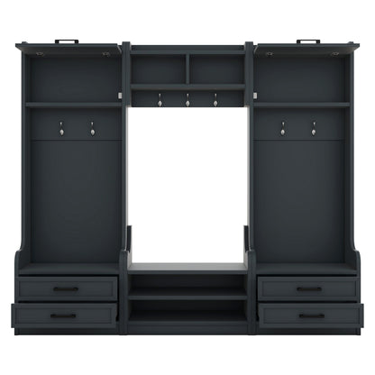 4-in-1 Detachable Hall Tree with Storage and 7 Hooks, Multiple Functions Hallway Coat Rack with Storage Drawers and Cabinet, Antique Blue Shoe Bench for Entryway Hallway