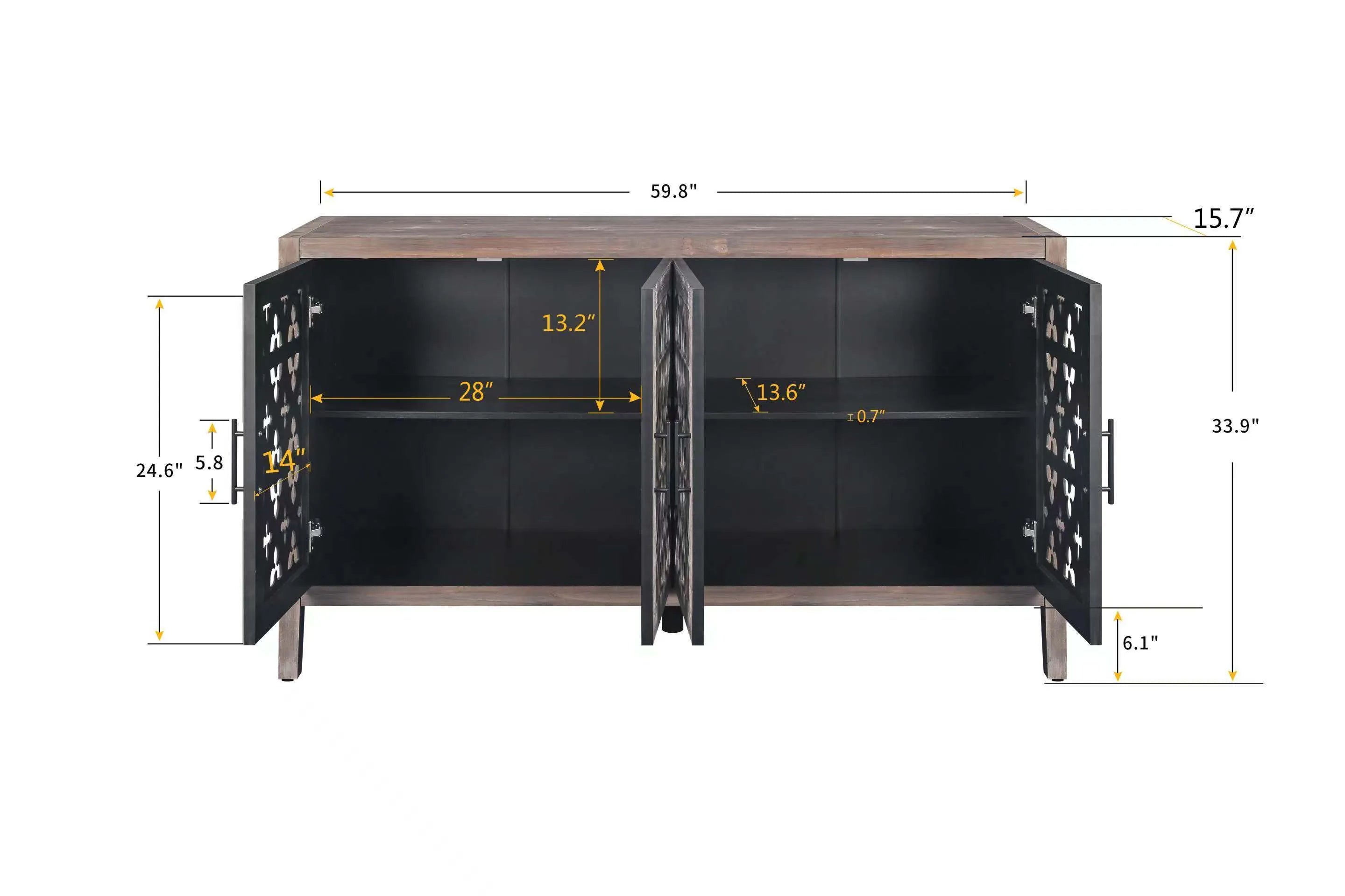 Hollow Four Door Antique Cabinet, American Country Style, Suitable for Living Room, TV Cabinet, Kitchen (Brown)