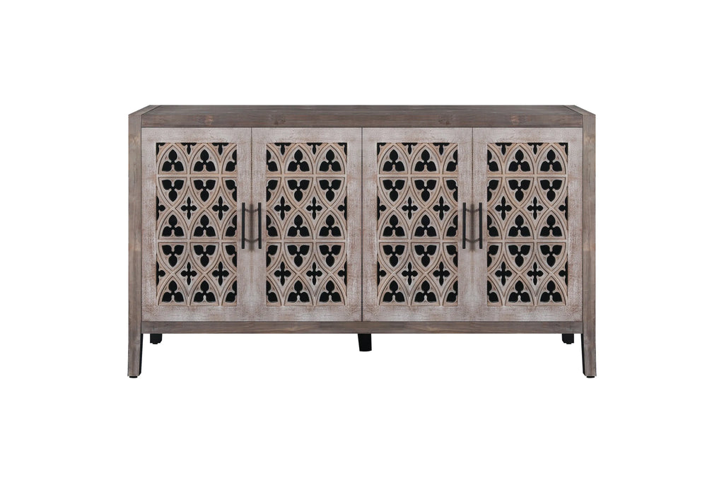 Hollow Four Door Antique Cabinet, American Country Style, Suitable for Living Room, TV Cabinet, Kitchen (Brown)