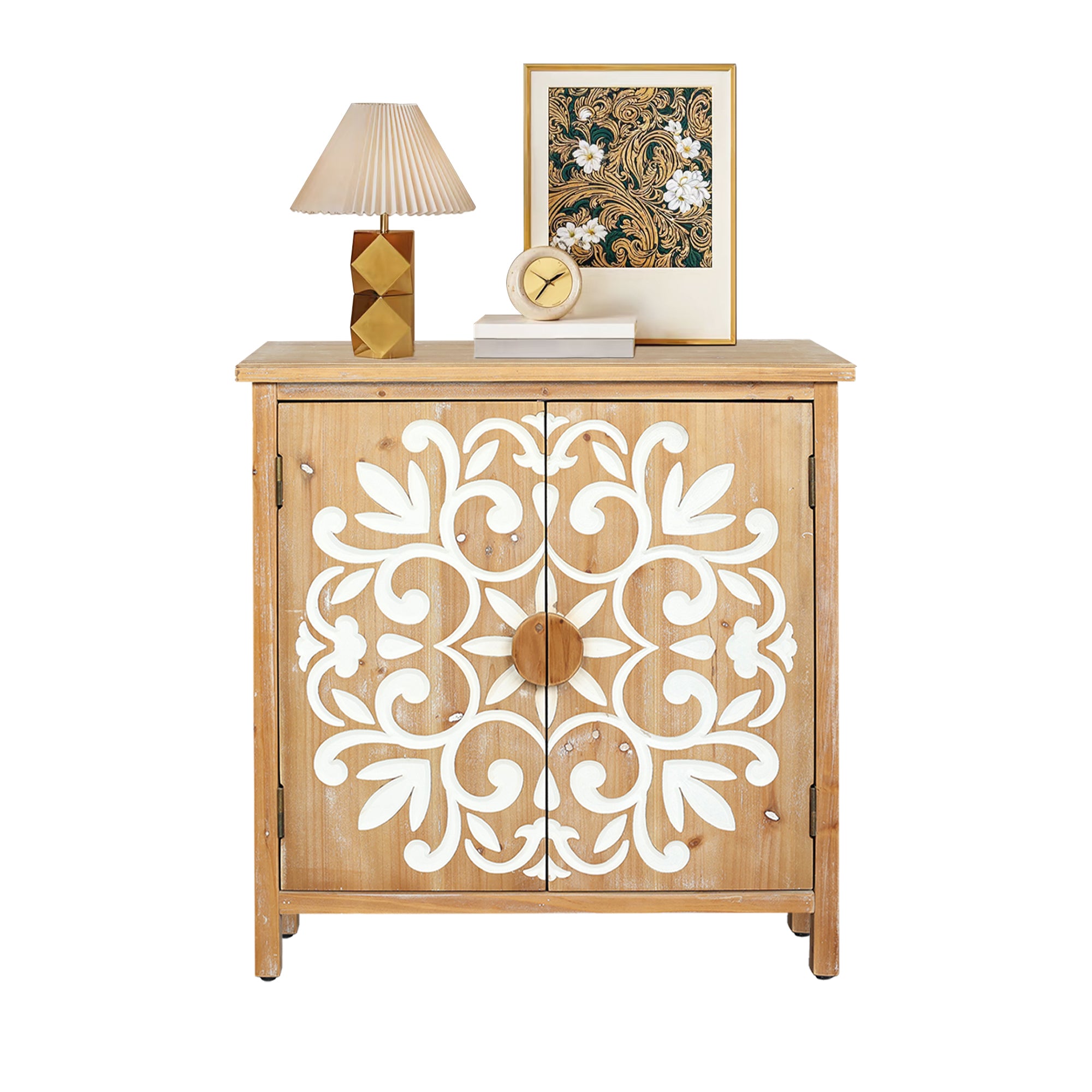 Rustic Wooden Accent Cabinet with Floral Carved Doors, 2 - Door Storage Cabinet for Living Room, Entryway, Dining Room Storage Cabinet