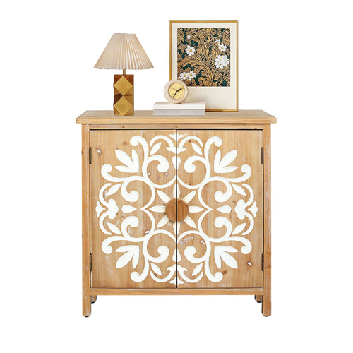 Rustic Wooden Accent Cabinet with Floral Carved Doors, 2 - Door Storage Cabinet for Living Room, Entryway, Dining Room Storage Cabinet