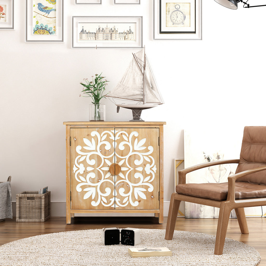 Rustic Wooden Accent Cabinet with Floral Carved Doors, 2 - Door Storage Cabinet for Living Room, Entryway, Dining Room Storage Cabinet