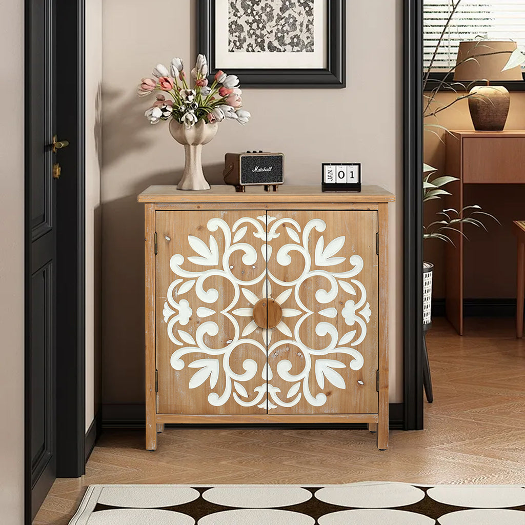 Rustic Wooden Accent Cabinet with Floral Carved Doors, 2 - Door Storage Cabinet for Living Room, Entryway, Dining Room Storage Cabinet