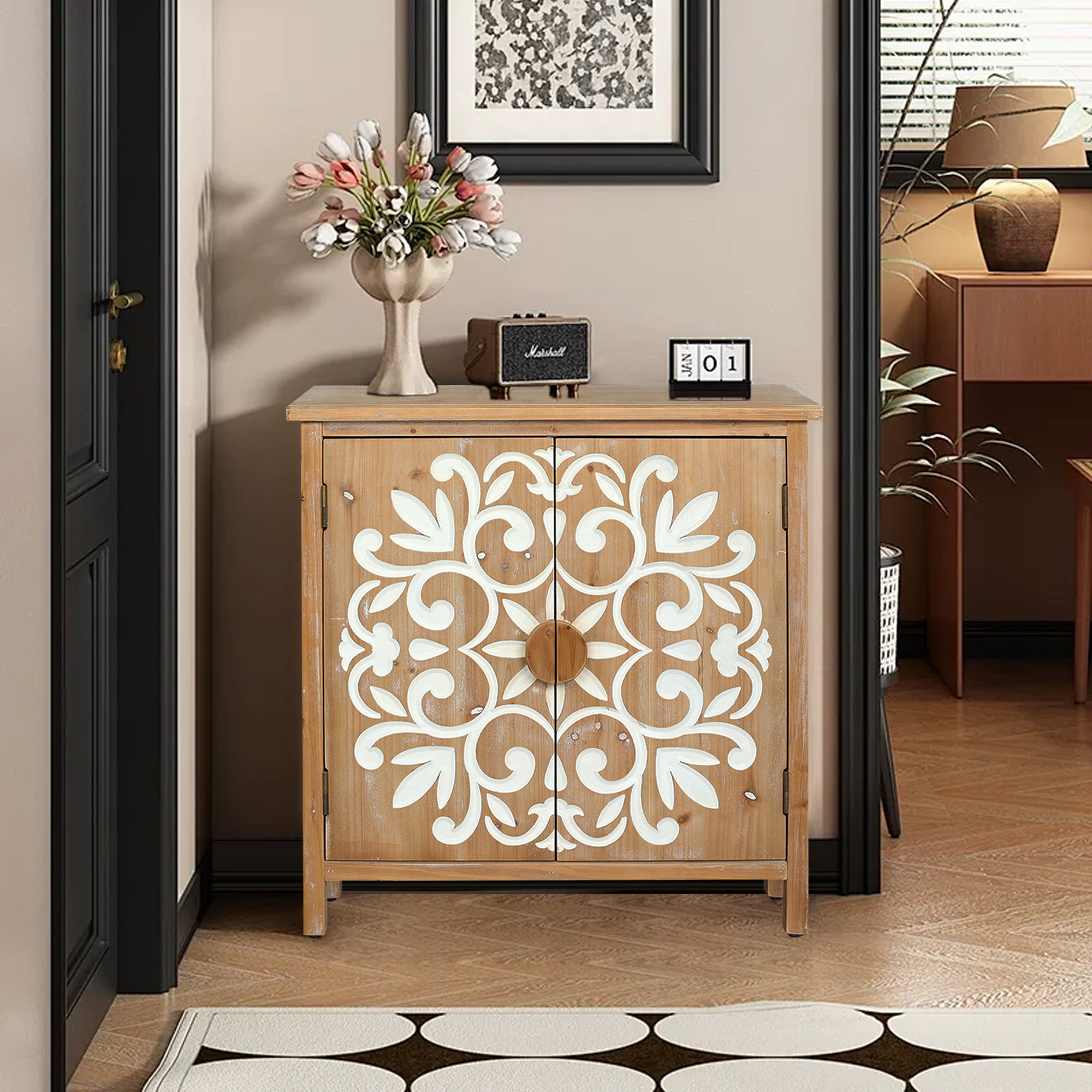 Rustic Wooden Accent Cabinet with Floral Carved Doors, 2 - Door Storage Cabinet for Living Room, Entryway, Dining Room Storage Cabinet