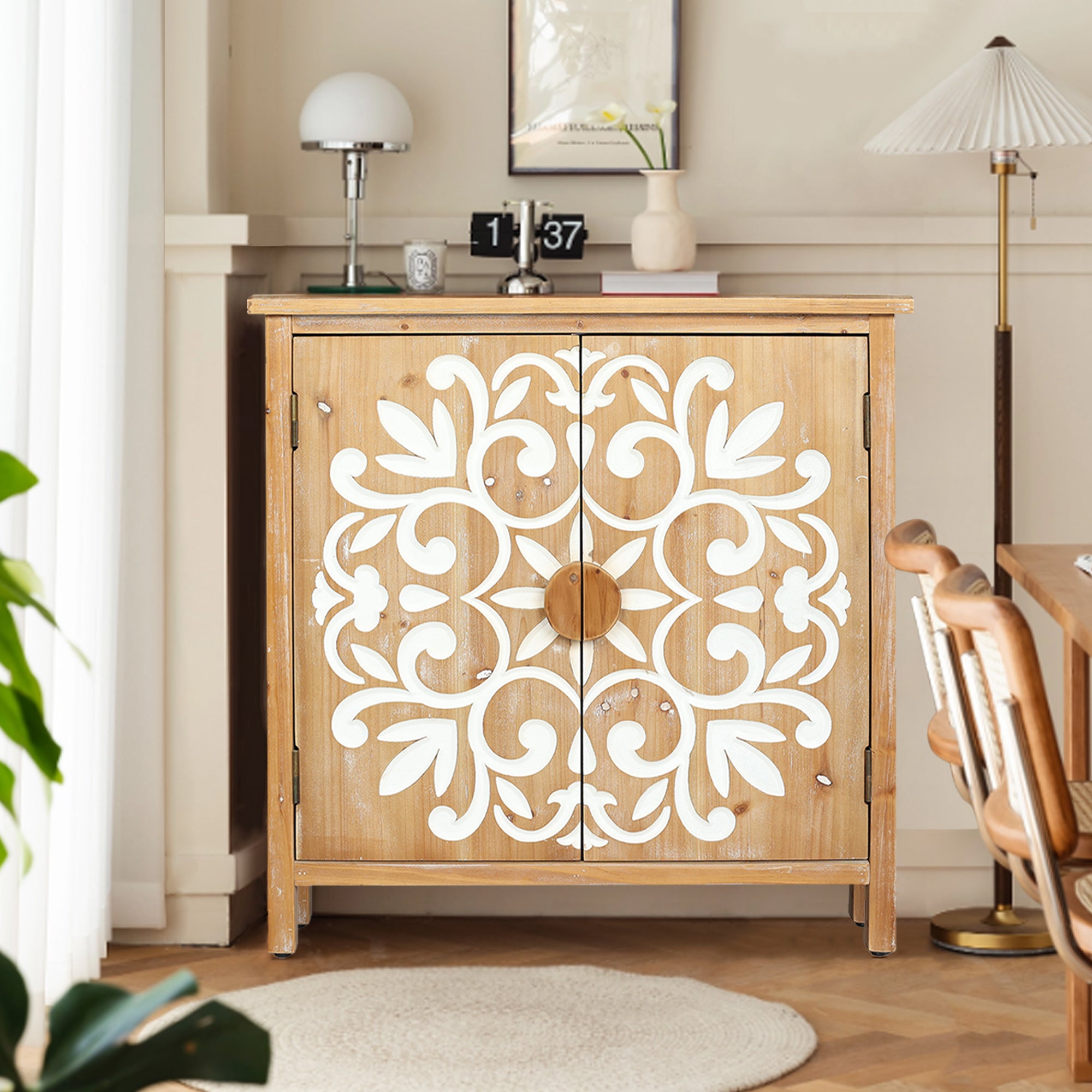 Rustic Wooden Accent Cabinet with Floral Carved Doors, 2 - Door Storage Cabinet for Living Room, Entryway, Dining Room Storage Cabinet