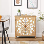 Rustic Wooden Accent Cabinet with Floral Carved Doors, 2 - Door Storage Cabinet for Living Room, Entryway, Dining Room Storage Cabinet