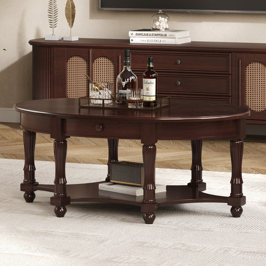 Vintage Oval Coffee Table with Drawer and Storage Shelf, Antique Cocktail Table in 45', French Country Accent Table for Living Room,Walnut