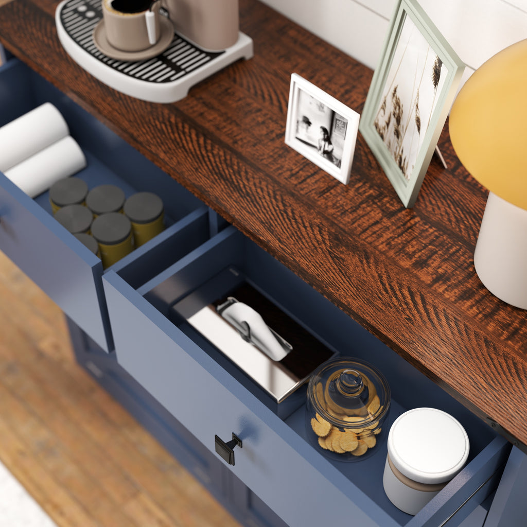 Farmhouse Blue Double Tilt Out Trash Cabinet for 20 Gallon Trash Cans, Free Standing Recycling Cabinet with Hideaway Drawer, Barn Door Style Laundry Sorter Cabinet, Tilt Out Trash Cabinet for Kitchen Trash Bin