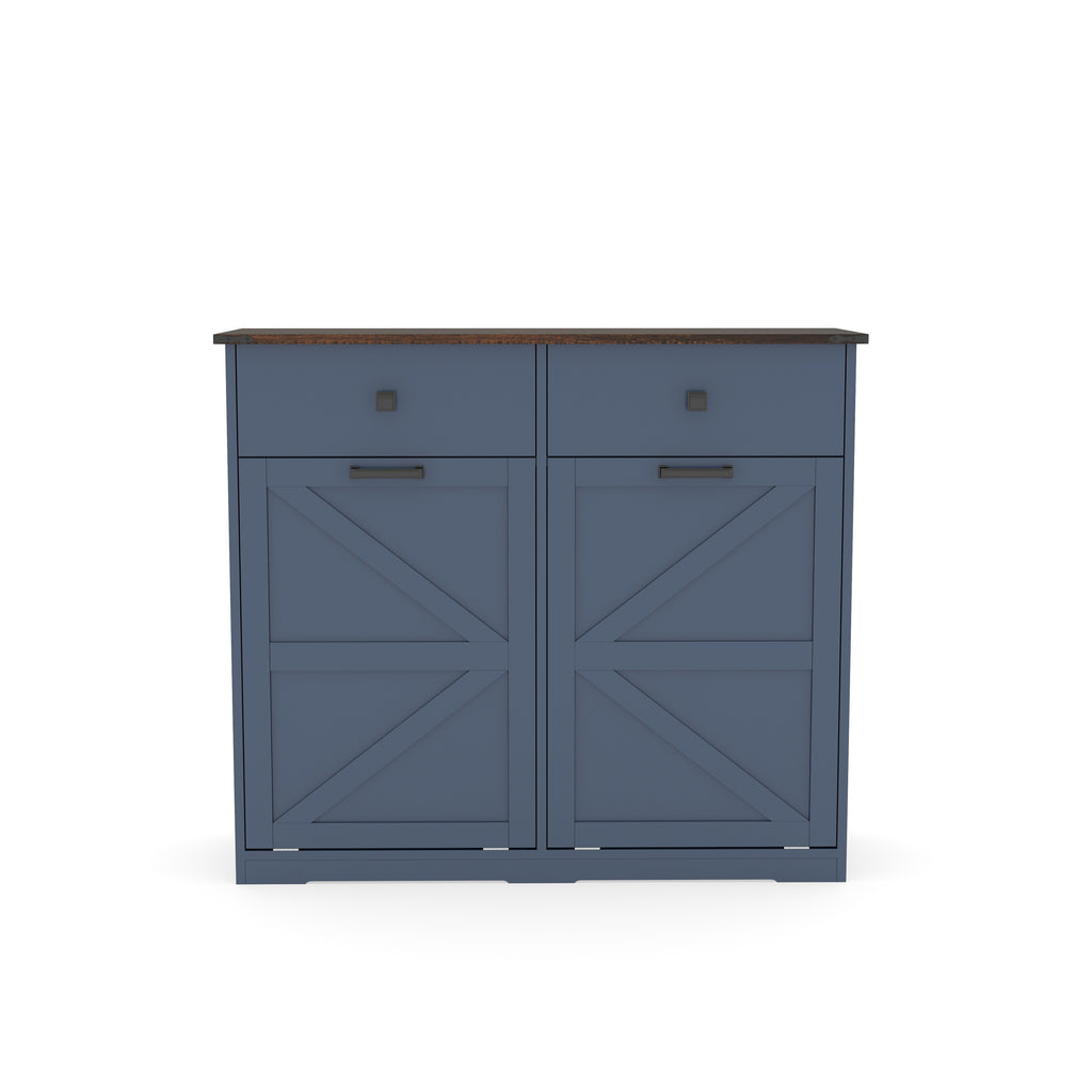 Farmhouse Blue Double Tilt Out Trash Cabinet for 20 Gallon Trash Cans, Free Standing Recycling Cabinet with Hideaway Drawer, Barn Door Style Laundry Sorter Cabinet, Tilt Out Trash Cabinet for Kitchen Trash Bin