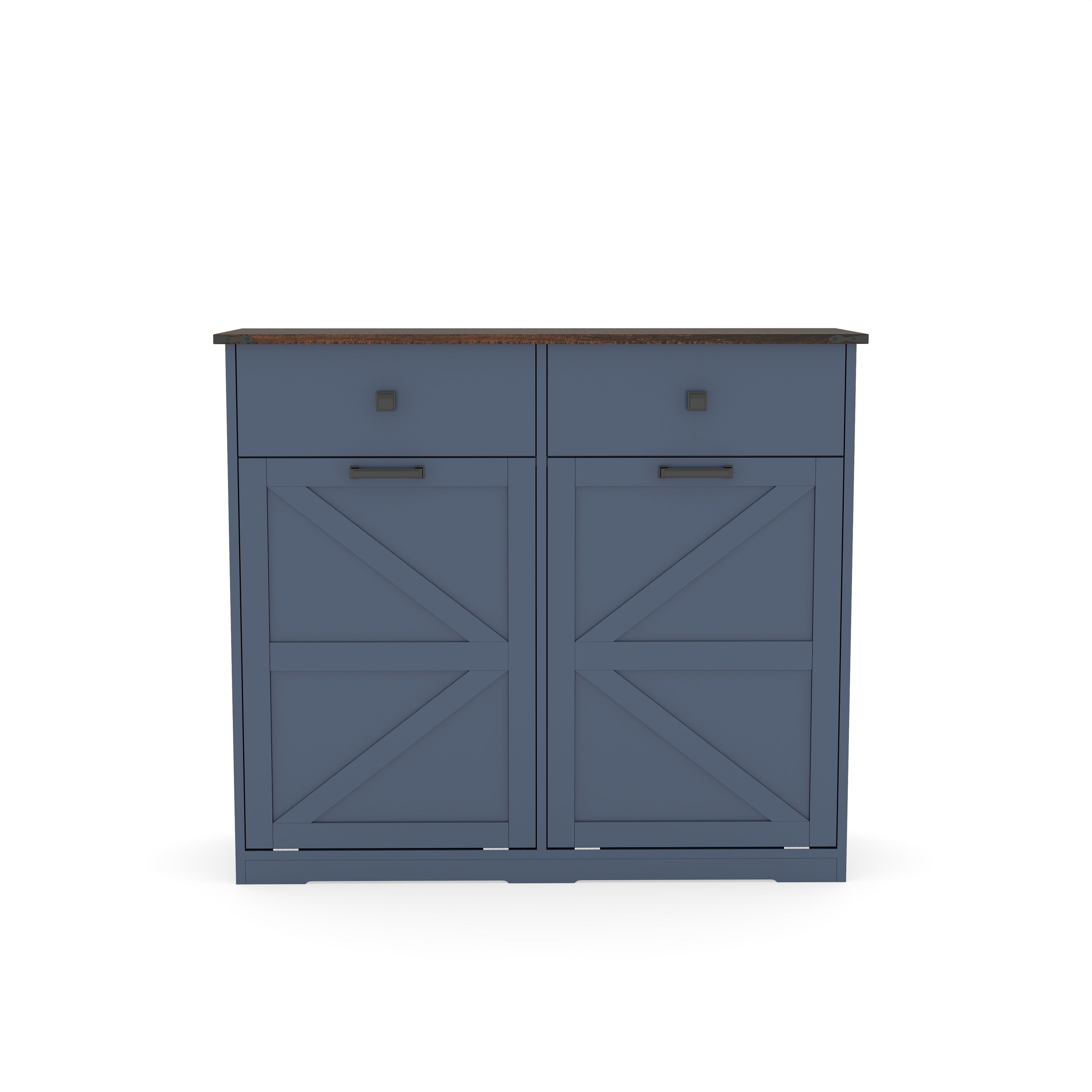 Farmhouse Blue Double Tilt Out Trash Cabinet for 20 Gallon Trash Cans, Free Standing Recycling Cabinet with Hideaway Drawer, Barn Door Style Laundry Sorter Cabinet, Tilt Out Trash Cabinet for Kitchen Trash Bin