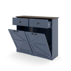 Farmhouse Blue Double Tilt Out Trash Cabinet for 20 Gallon Trash Cans, Free Standing Recycling Cabinet with Hideaway Drawer, Barn Door Style Laundry Sorter Cabinet, Tilt Out Trash Cabinet for Kitchen Trash Bin