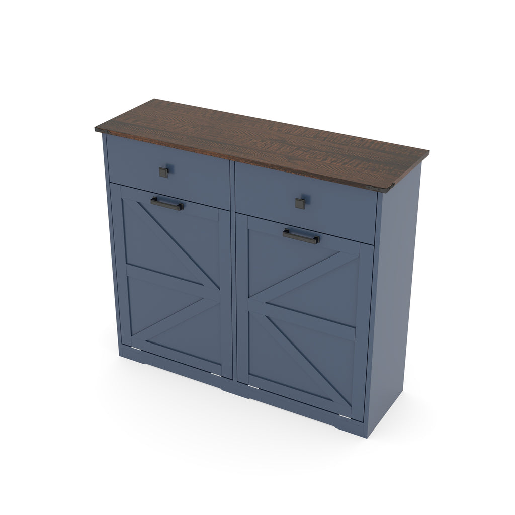 Farmhouse Blue Double Tilt Out Trash Cabinet for 20 Gallon Trash Cans, Free Standing Recycling Cabinet with Hideaway Drawer, Barn Door Style Laundry Sorter Cabinet, Tilt Out Trash Cabinet for Kitchen Trash Bin