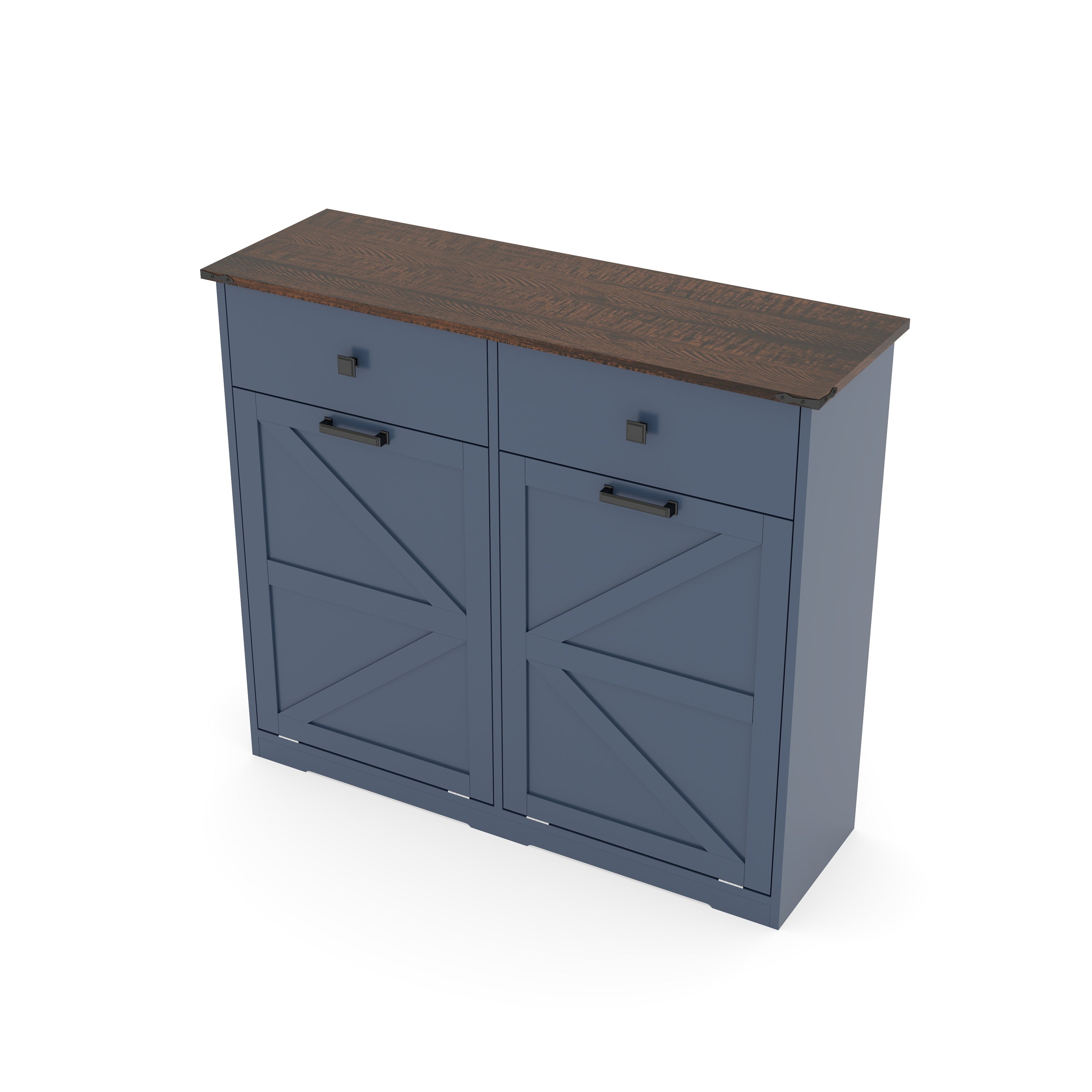 Farmhouse Blue Double Tilt Out Trash Cabinet for 20 Gallon Trash Cans, Free Standing Recycling Cabinet with Hideaway Drawer, Barn Door Style Laundry Sorter Cabinet, Tilt Out Trash Cabinet for Kitchen Trash Bin