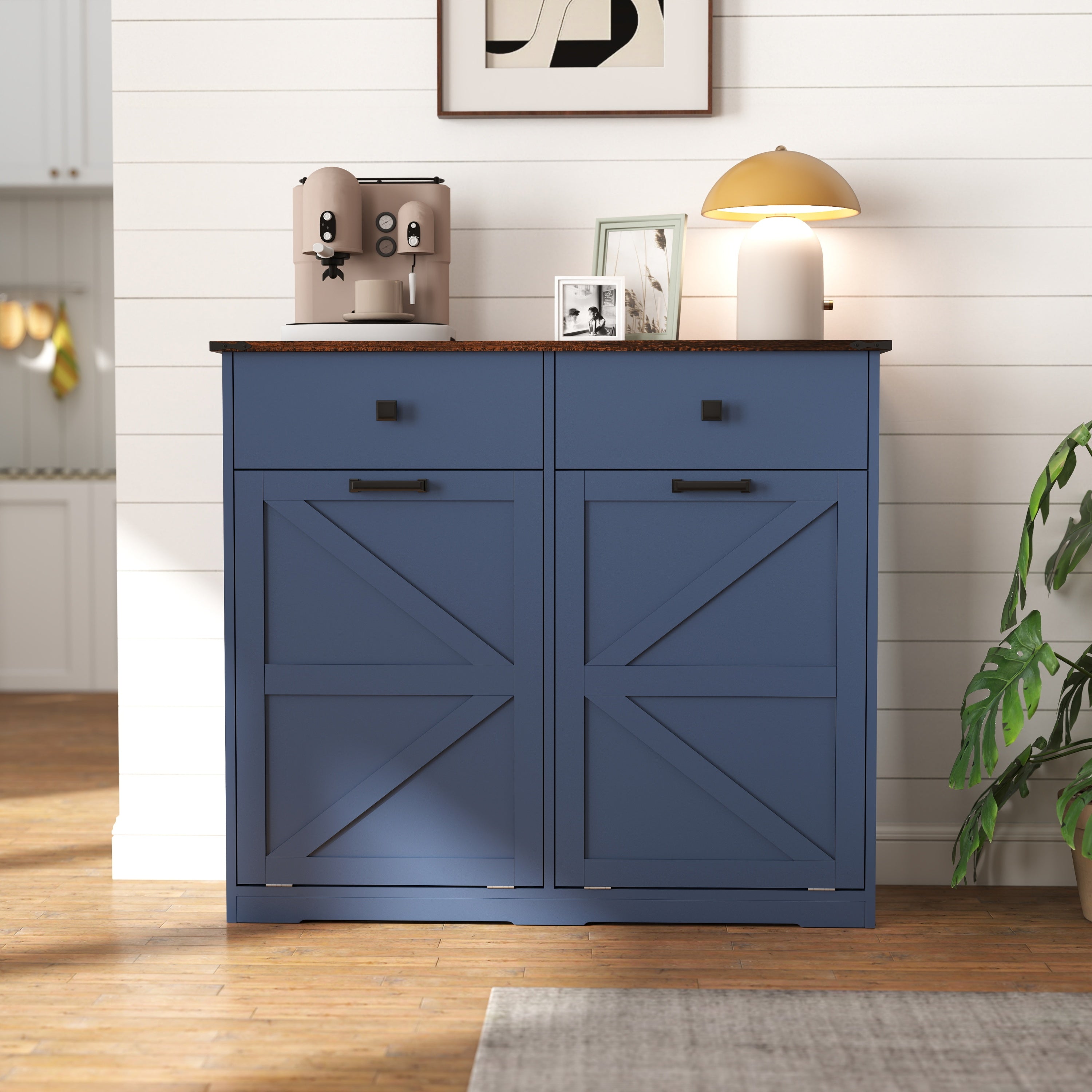 Farmhouse Blue Double Tilt Out Trash Cabinet for 20 Gallon Trash Cans, Free Standing Recycling Cabinet with Hideaway Drawer, Barn Door Style Laundry Sorter Cabinet, Tilt Out Trash Cabinet for Kitchen Trash Bin