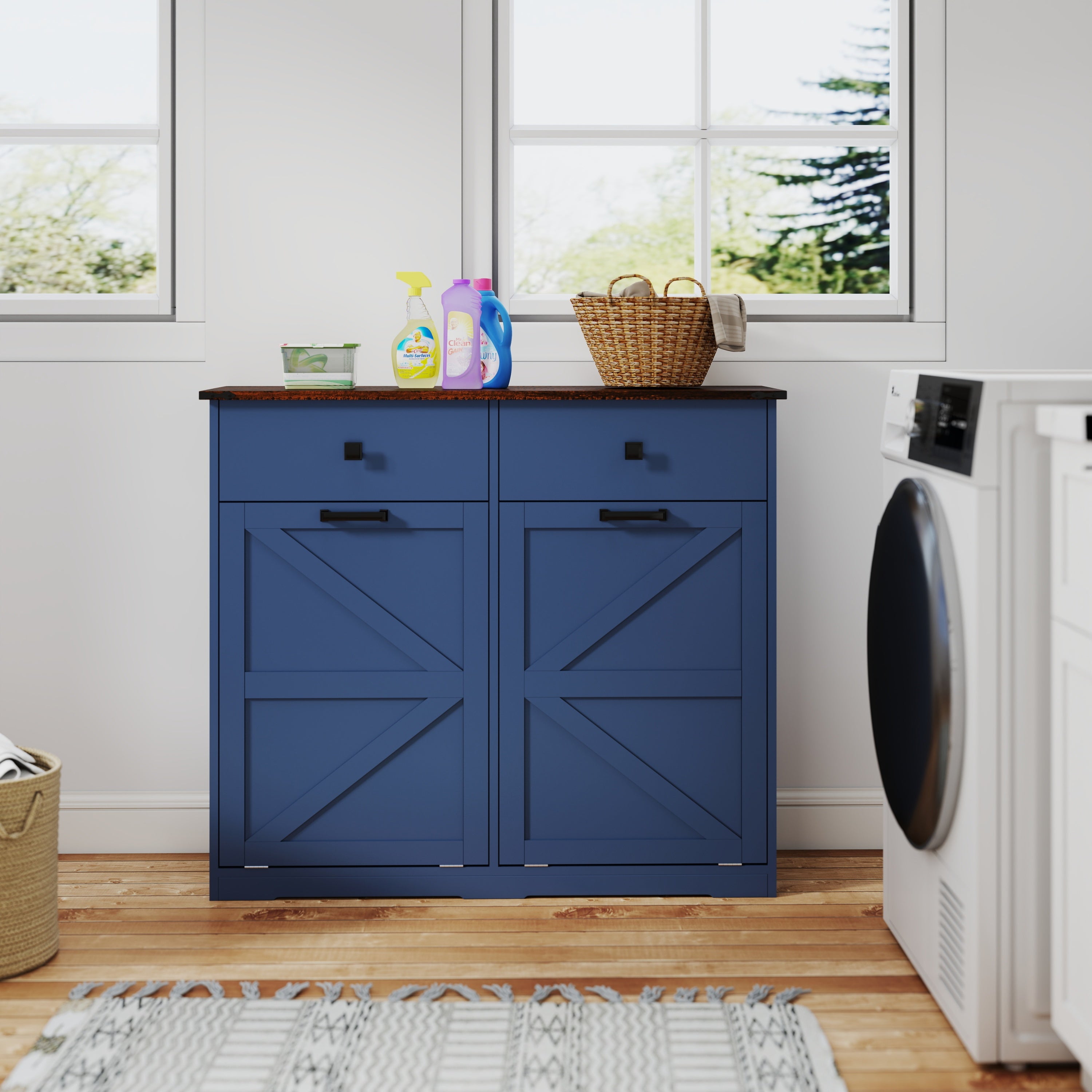 Farmhouse Blue Double Tilt Out Trash Cabinet for 20 Gallon Trash Cans, Free Standing Recycling Cabinet with Hideaway Drawer, Barn Door Style Laundry Sorter Cabinet, Tilt Out Trash Cabinet for Kitchen Trash Bin