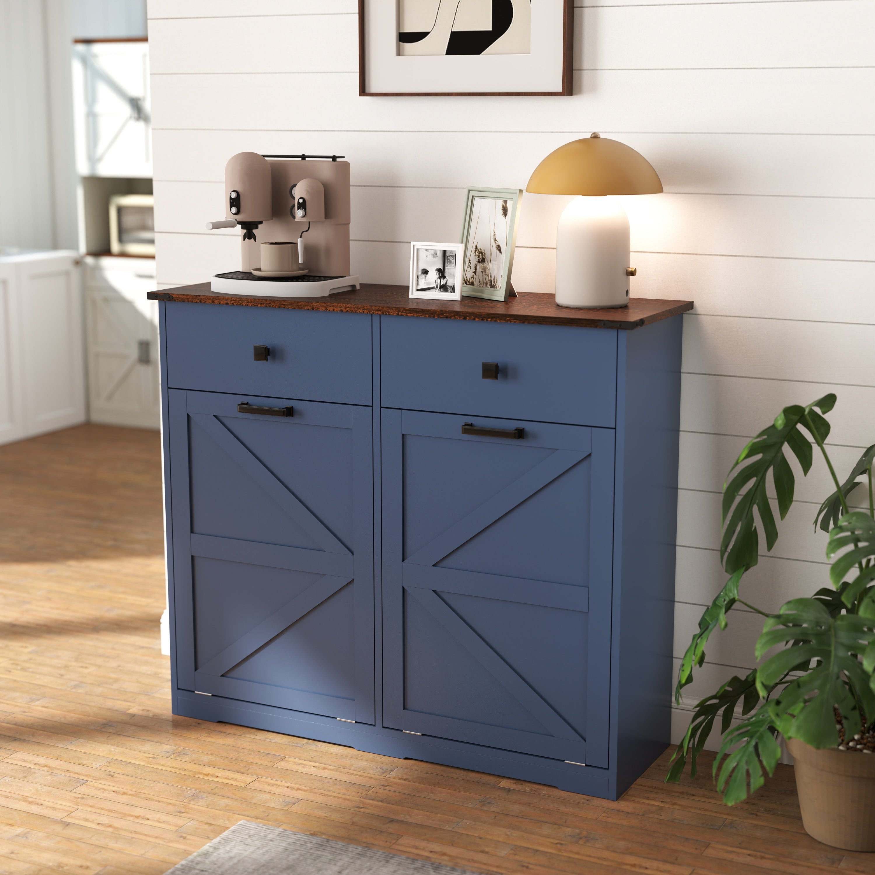 Farmhouse Blue Double Tilt Out Trash Cabinet for 20 Gallon Trash Cans, Free Standing Recycling Cabinet with Hideaway Drawer, Barn Door Style Laundry Sorter Cabinet, Tilt Out Trash Cabinet for Kitchen Trash Bin