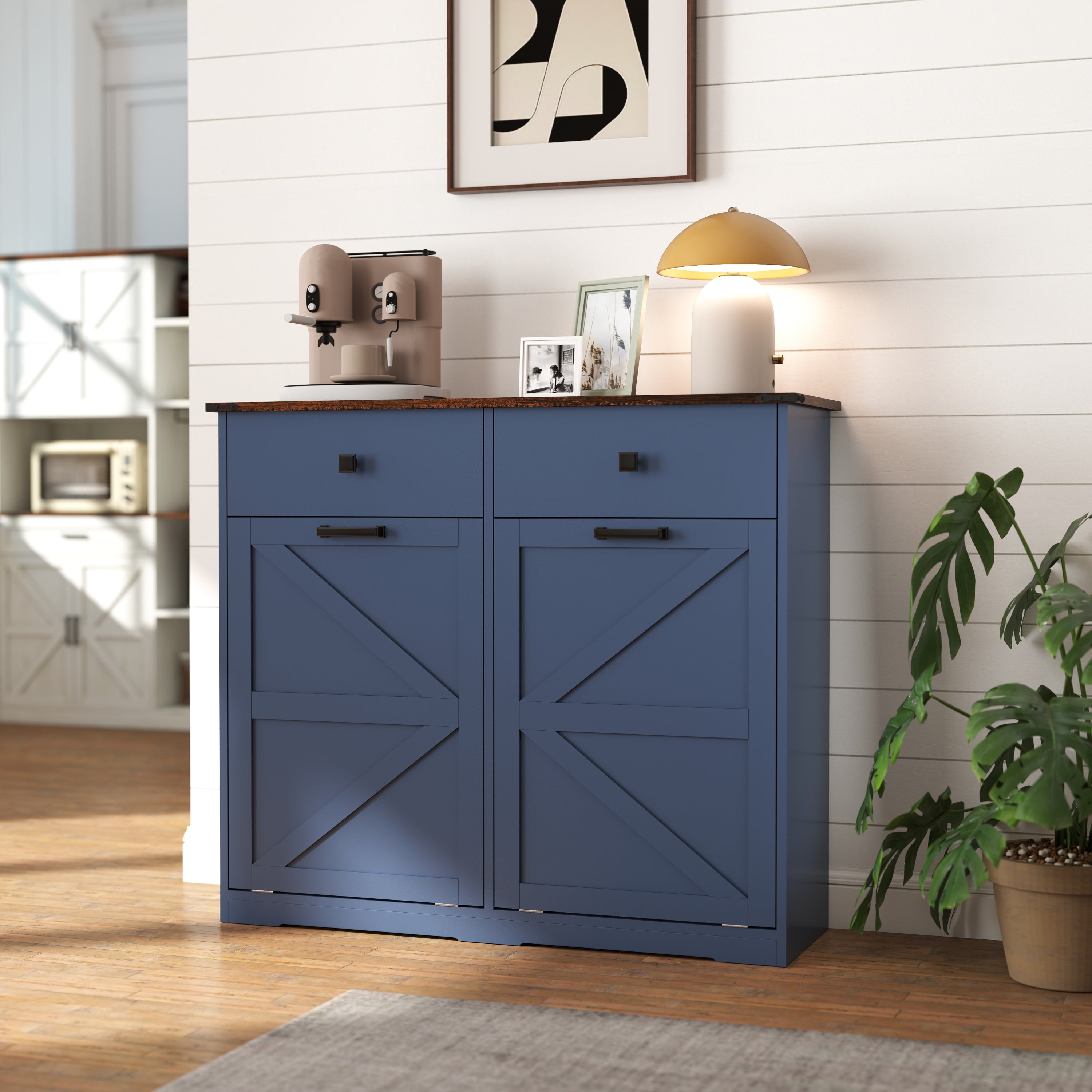 Farmhouse Blue Double Tilt Out Trash Cabinet for 20 Gallon Trash Cans, Free Standing Recycling Cabinet with Hideaway Drawer, Barn Door Style Laundry Sorter Cabinet, Tilt Out Trash Cabinet for Kitchen Trash Bin